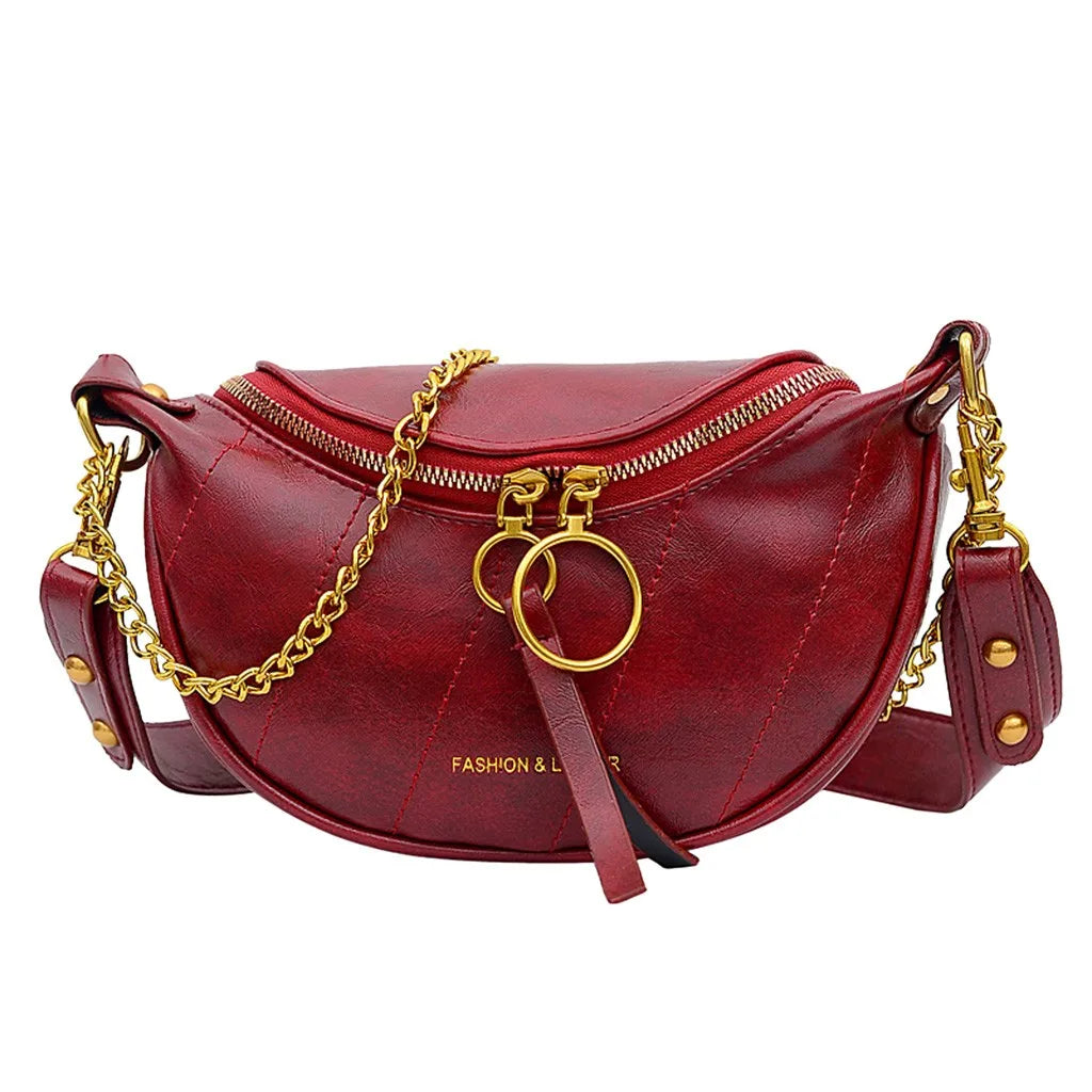 Women's Vintage Leather Chain Crossbody Belt Bag | Boho Half Moon Shoulder Bag in Brown & Green
