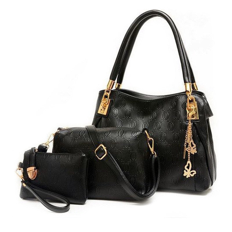 Women's 3-Piece Embossed PU Leather Handbag Set | Tote, Crossbody, Wristlet & Coin Purse in Gold & Black