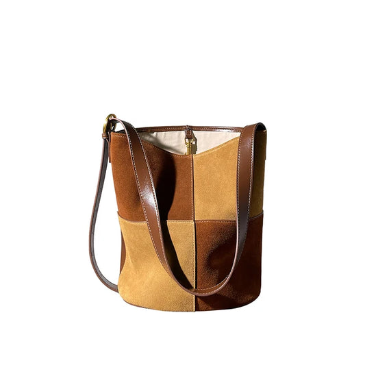 Women's Patchwork Suede & Leather Bucket Bag | Vintage Color Block Shoulder & Crossbody Bag in Brown