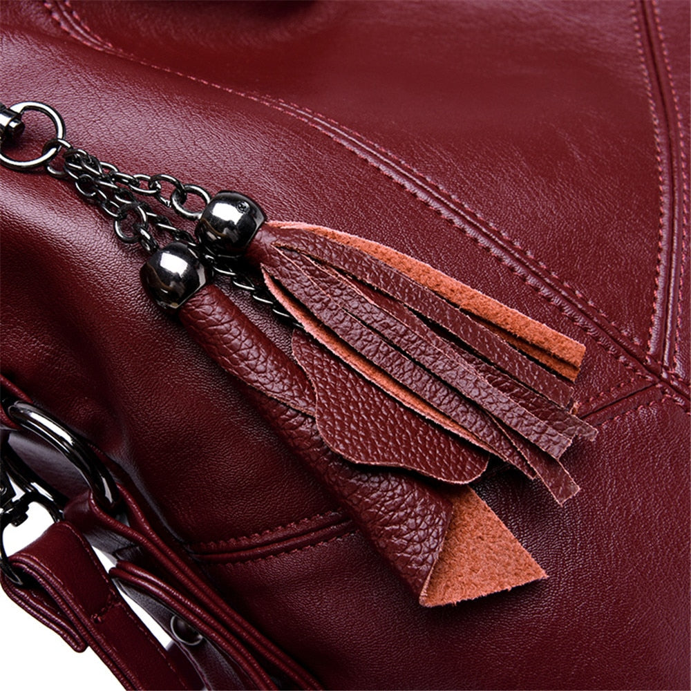 Women's Soft Leather Hobo Shoulder Bag | Large Tassel Tote & Crossbody Handbag in Burgundy
