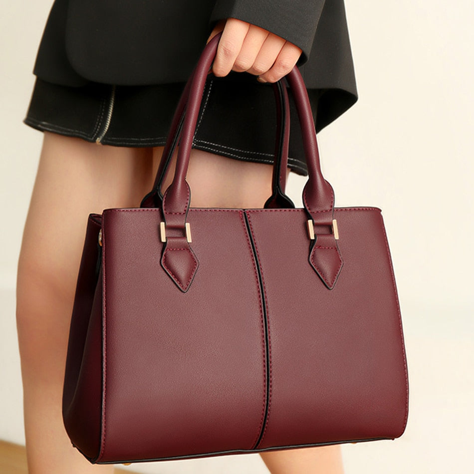 Women's Structured Leather Tote Bag | Large Top Handle Shoulder & Crossbody Handbag in Burgundy