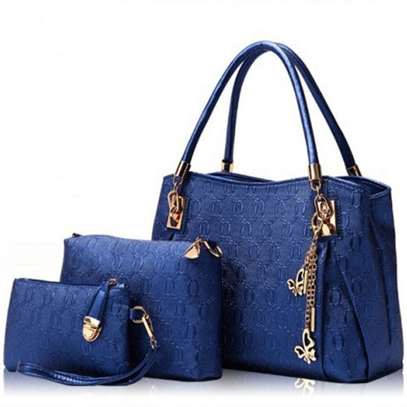 Women's 3-Piece Embossed PU Leather Handbag Set | Tote, Crossbody, Wristlet & Coin Purse in Gold & Black