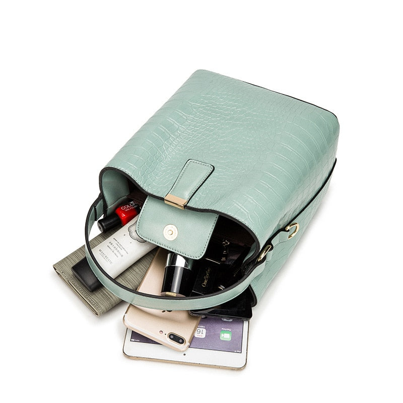 Women's Crocodile Embossed Leather Bucket Bag | 2-Way Top Handle & Crossbody Tote in Mint Green