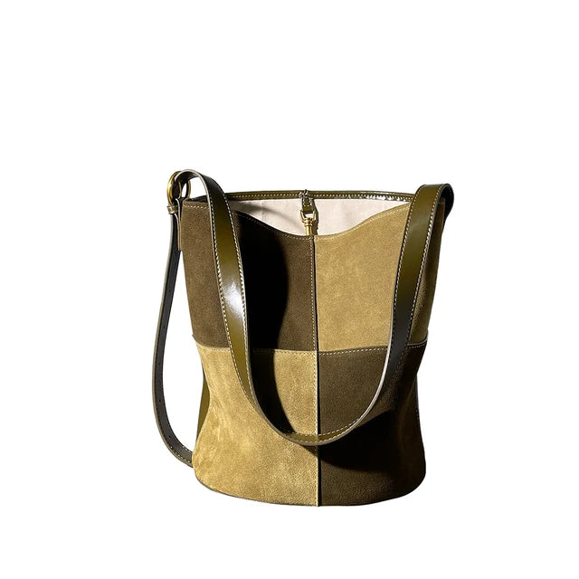 Women's Patchwork Suede & Leather Bucket Bag | Vintage Color Block Shoulder & Crossbody Bag in Brown