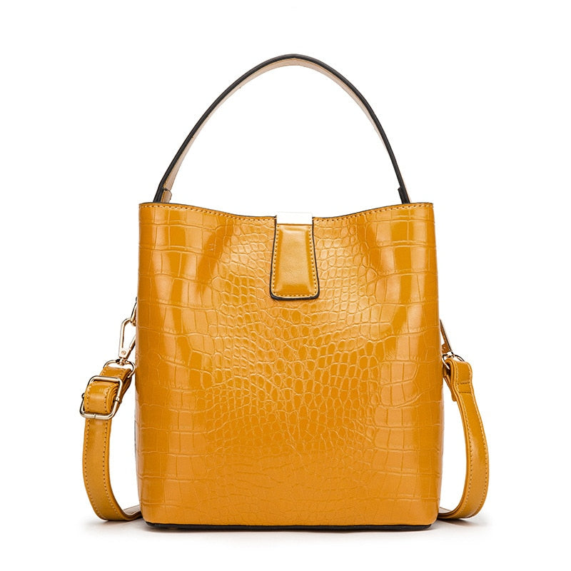 Women's Crocodile Embossed Leather Bucket Bag | 2-Way Top Handle & Crossbody Tote in Mint Green