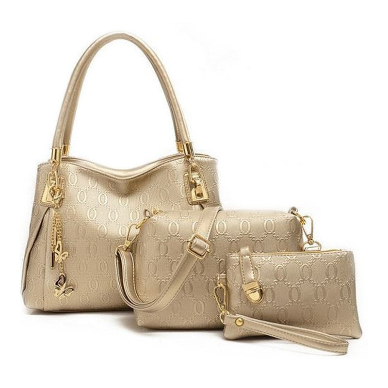 Women's 3-Piece Embossed PU Leather Handbag Set | Tote, Crossbody, Wristlet & Coin Purse in Gold & Black