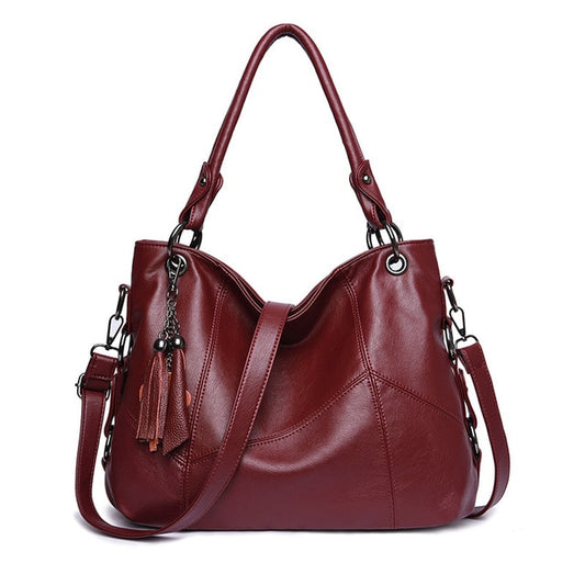 Women's Soft Leather Hobo Shoulder Bag | Large Tassel Tote & Crossbody Handbag in Burgundy