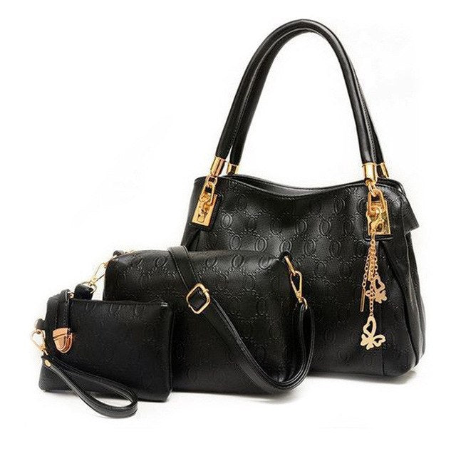 Women's 3-Piece Embossed PU Leather Handbag Set | Tote, Crossbody, Wristlet & Coin Purse in Gold & Black