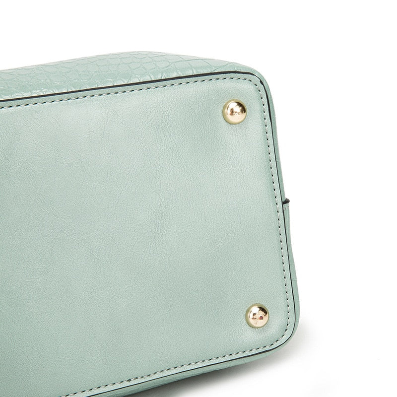 Women's Crocodile Embossed Leather Bucket Bag | 2-Way Top Handle & Crossbody Tote in Mint Green