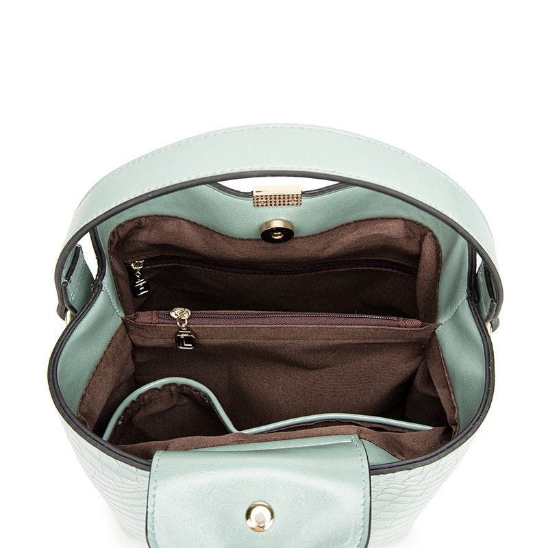 Women's Crocodile Embossed Leather Bucket Bag | 2-Way Top Handle & Crossbody Tote in Mint Green