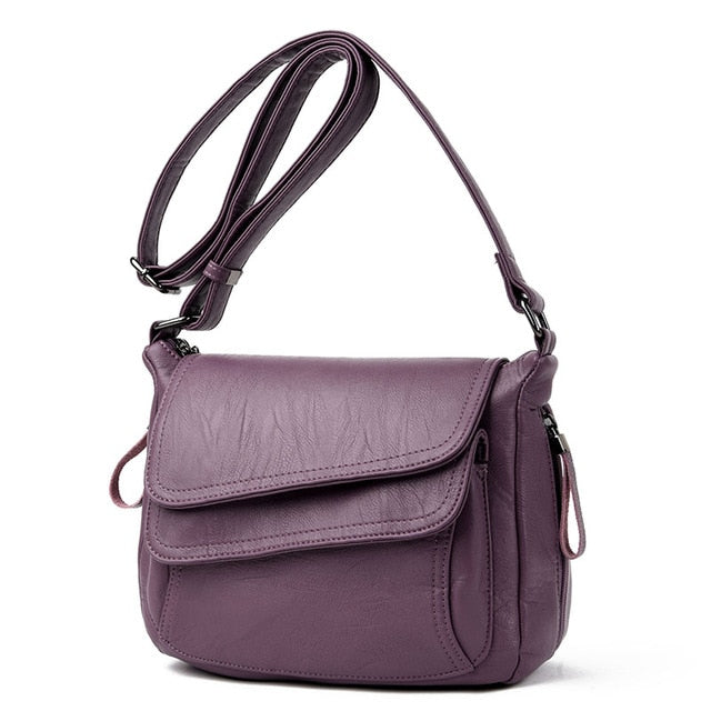 Women's Soft Leather Flap Crossbody Bag | Elegant Multi-Pocket Shoulder & Messenger Handbag in Purple