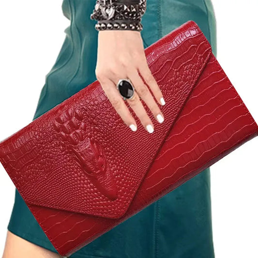 Women's Crocodile Embossed Leather Clutch Bag | Luxury Evening Envelope Purse in Bold Red