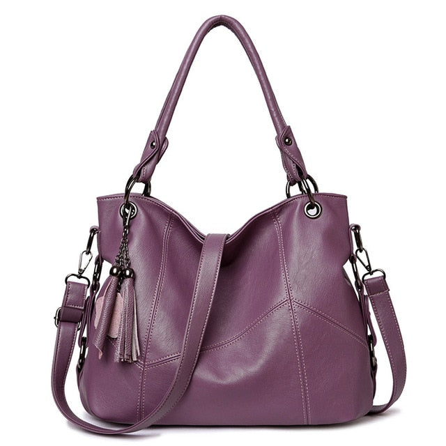 Women's Soft Leather Hobo Shoulder Bag | Large Tassel Tote & Crossbody Handbag in Burgundy