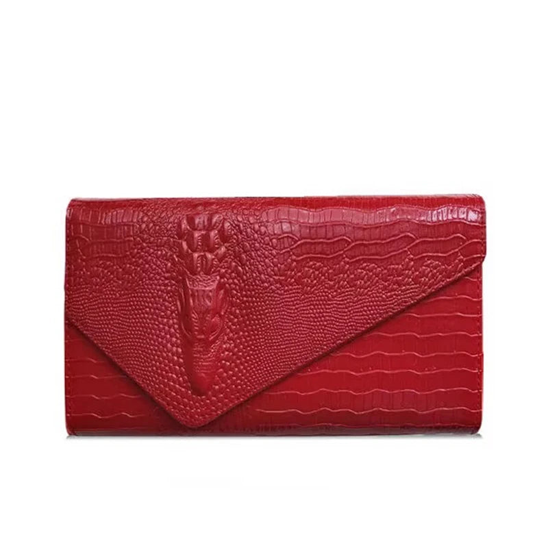 Women's Crocodile Embossed Leather Clutch Bag | Luxury Evening Envelope Purse in Bold Red