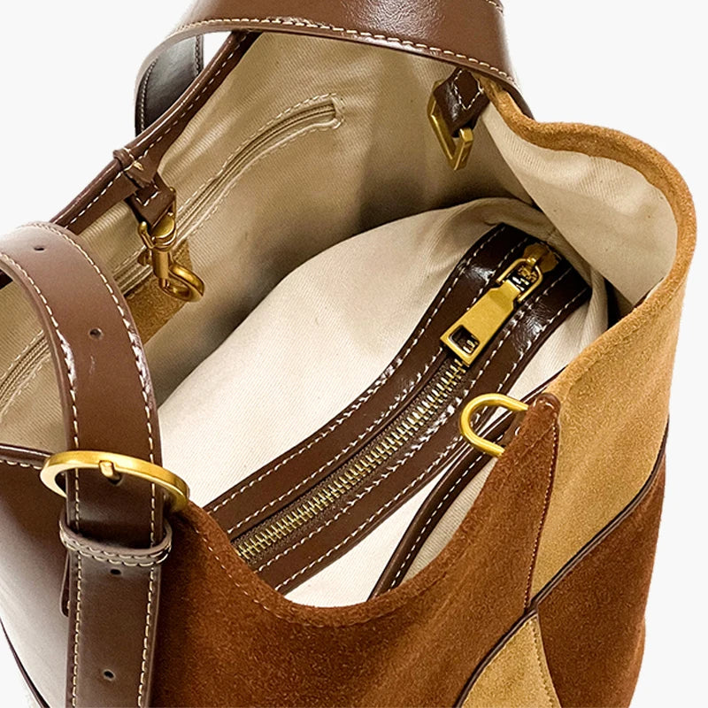 Women's Patchwork Suede & Leather Bucket Bag | Vintage Color Block Shoulder & Crossbody Bag in Brown