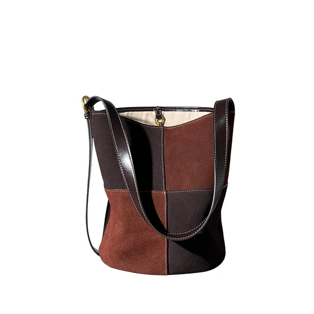Women's Patchwork Suede & Leather Bucket Bag | Vintage Color Block Shoulder & Crossbody Bag in Brown