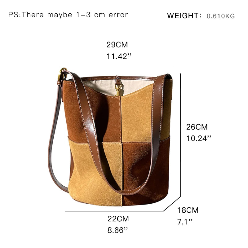Women's Patchwork Suede & Leather Bucket Bag | Vintage Color Block Shoulder & Crossbody Bag in Brown
