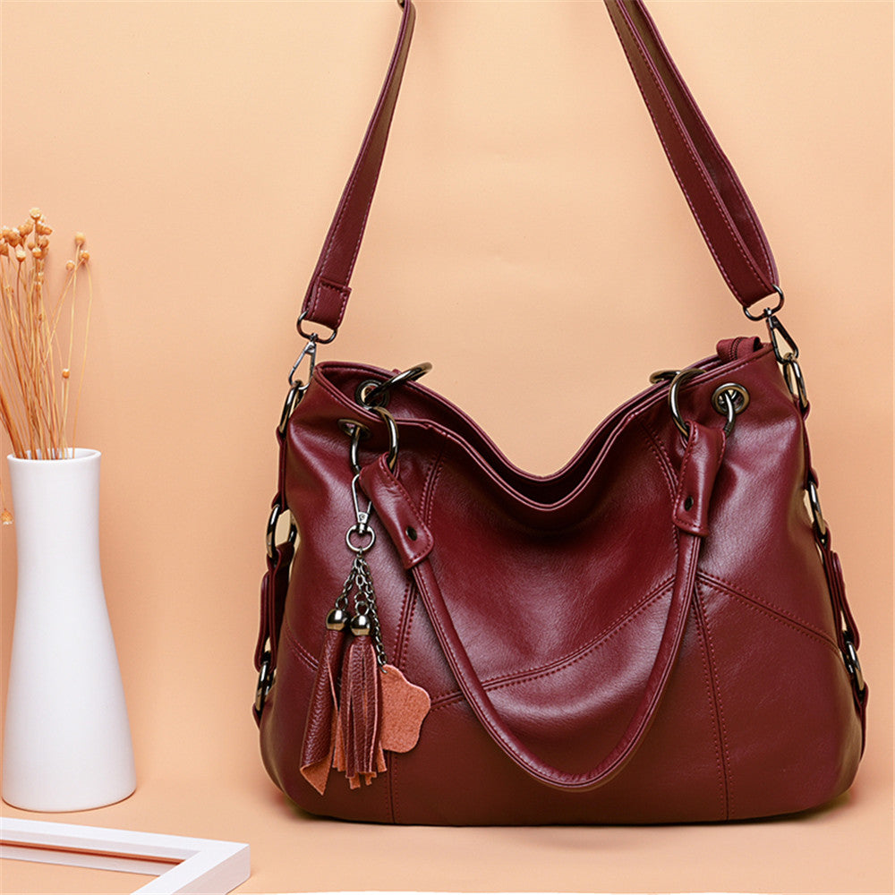 Women's Soft Leather Hobo Shoulder Bag | Large Tassel Tote & Crossbody Handbag in Burgundy