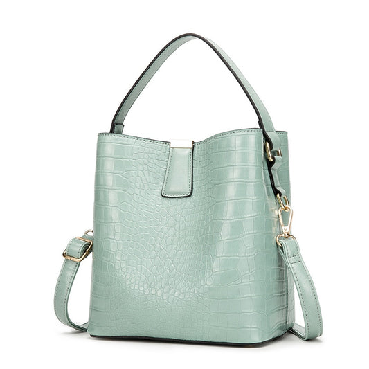 Women's Crocodile Embossed Leather Bucket Bag | 2-Way Top Handle & Crossbody Tote in Mint Green