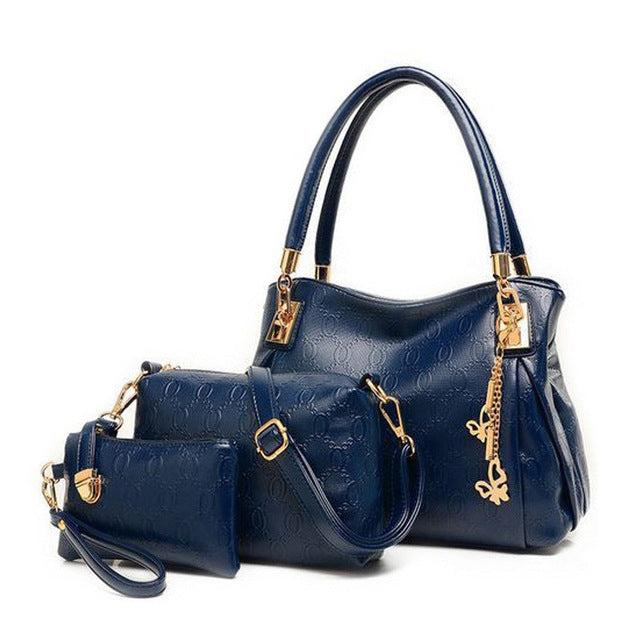 Women's 3-Piece Embossed PU Leather Handbag Set | Tote, Crossbody, Wristlet & Coin Purse in Gold & Black