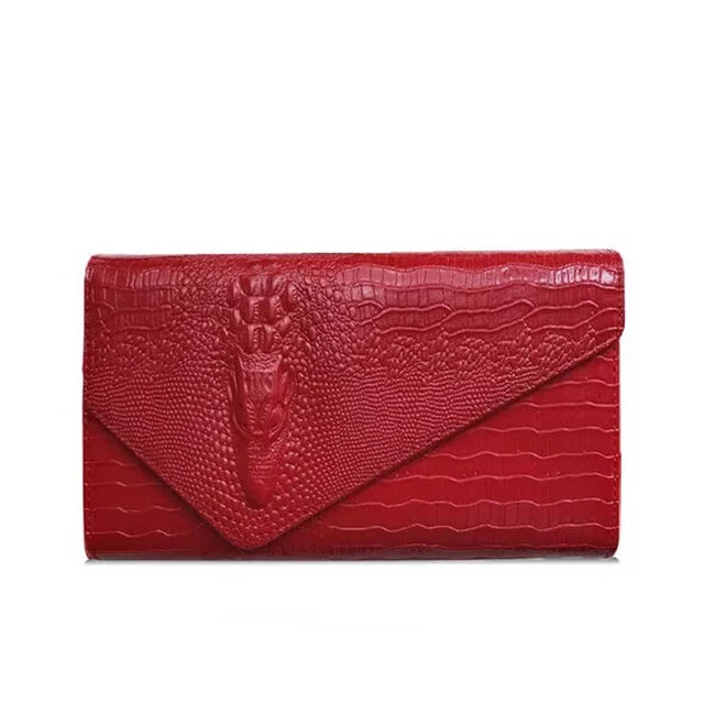 Women's Crocodile Embossed Leather Clutch Bag | Luxury Evening Envelope Purse in Bold Red