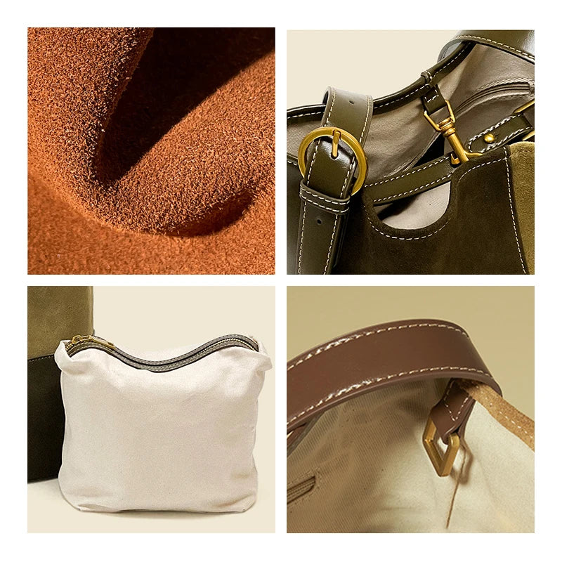 Women's Patchwork Suede & Leather Bucket Bag | Vintage Color Block Shoulder & Crossbody Bag in Brown