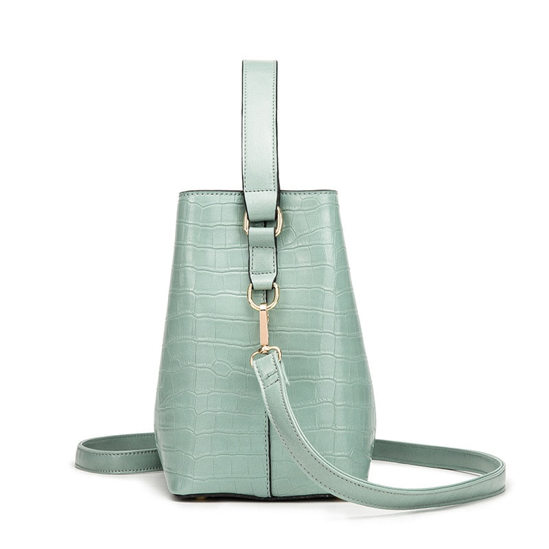 Women's Crocodile Embossed Leather Bucket Bag | 2-Way Top Handle & Crossbody Tote in Mint Green