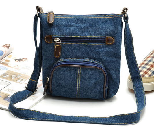 Women's Denim Crossbody Shoulder Bag | Casual Multi-Pocket Canvas Messenger Bag in Classic Blue