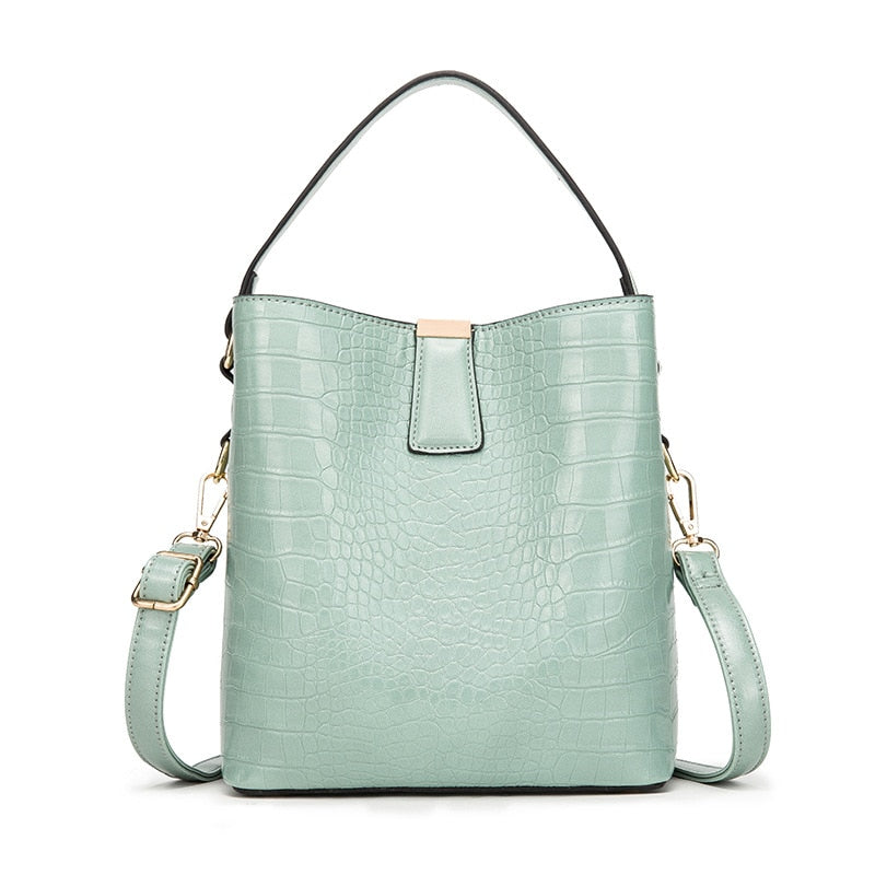 Women's Crocodile Embossed Leather Bucket Bag | 2-Way Top Handle & Crossbody Tote in Mint Green