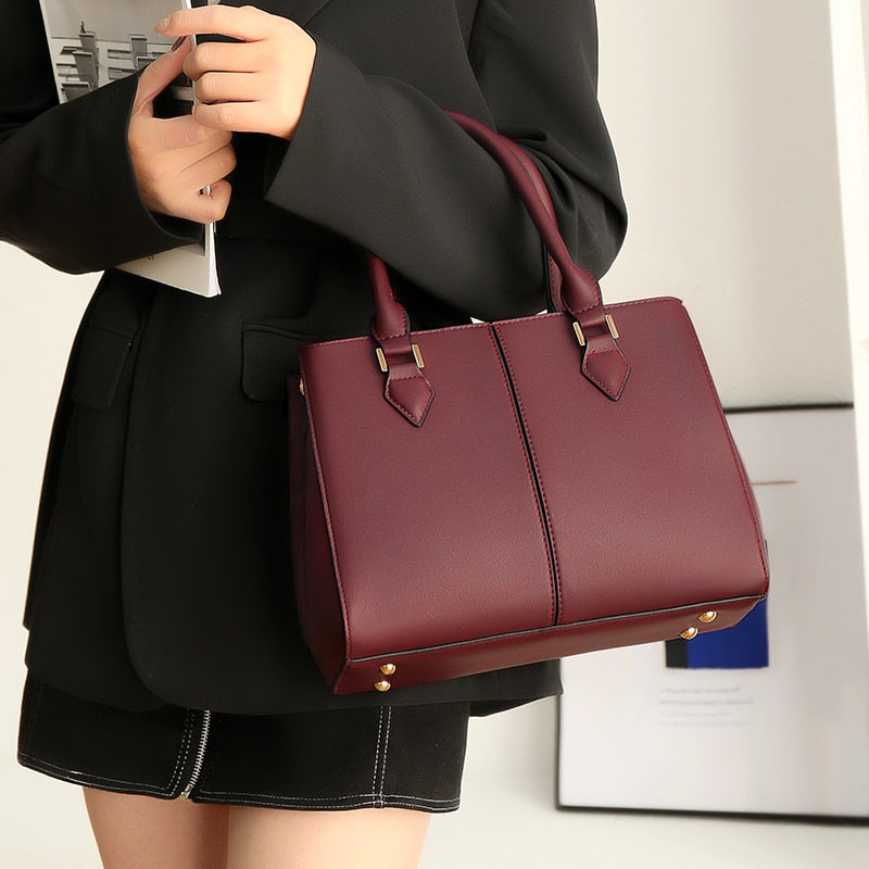 Women's Structured Leather Tote Bag | Large Top Handle Shoulder & Crossbody Handbag in Burgundy