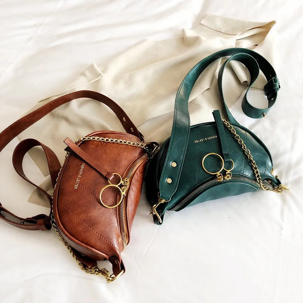Women's Vintage Leather Chain Crossbody Belt Bag | Boho Half Moon Shoulder Bag in Brown & Green