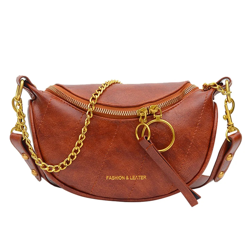 Women's Vintage Leather Chain Crossbody Belt Bag | Boho Half Moon Shoulder Bag in Brown & Green