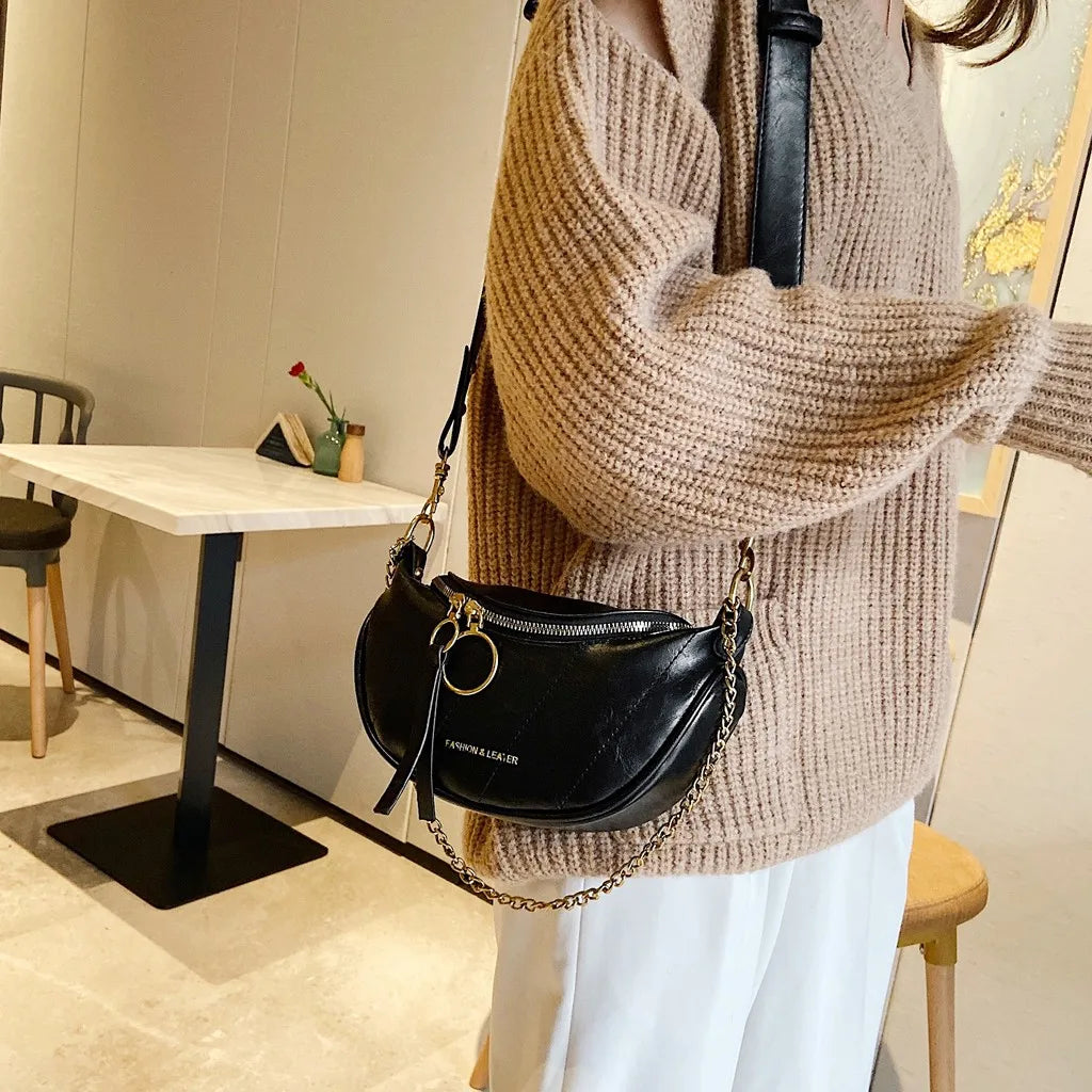 Women's Vintage Leather Chain Crossbody Belt Bag | Boho Half Moon Shoulder Bag in Brown & Green