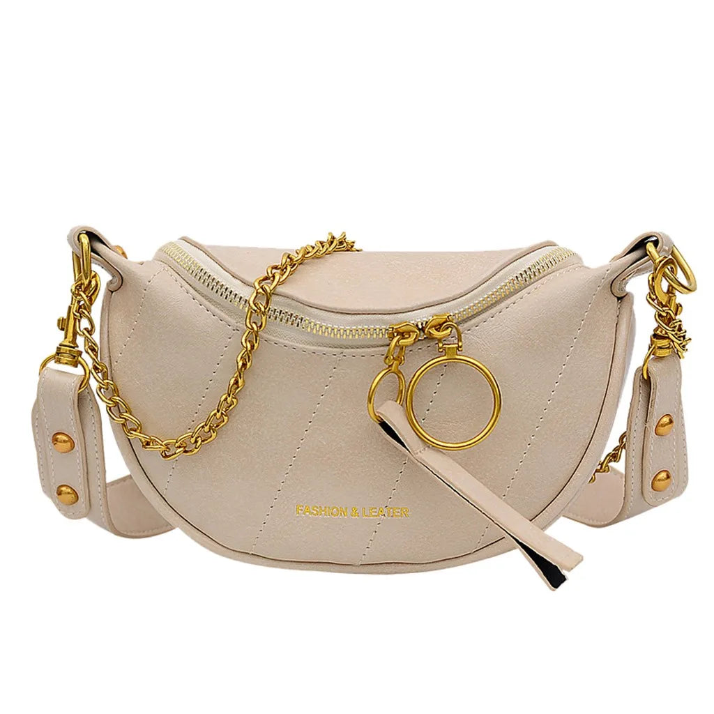 Women's Vintage Leather Chain Crossbody Belt Bag | Boho Half Moon Shoulder Bag in Brown & Green