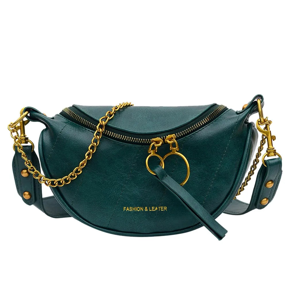 Women's Vintage Leather Chain Crossbody Belt Bag | Boho Half Moon Shoulder Bag in Brown & Green