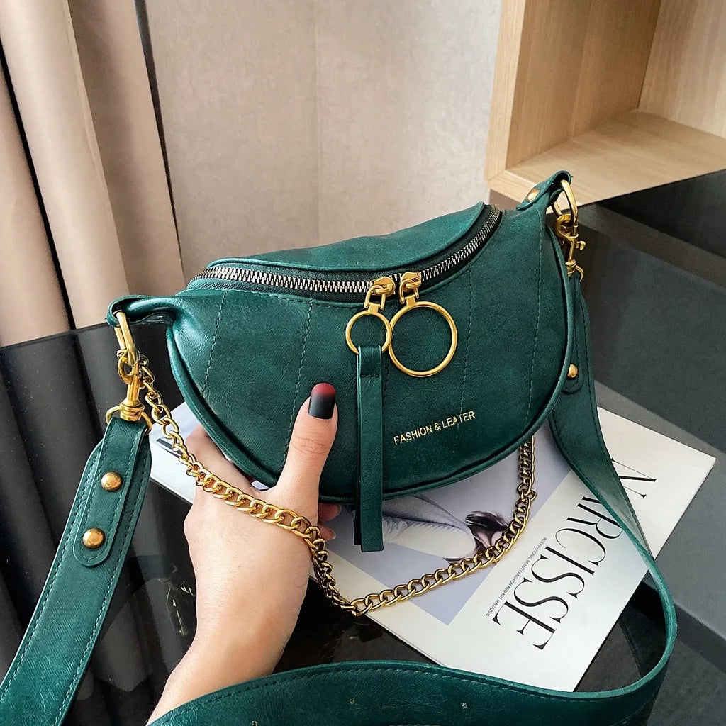 Women's Vintage Leather Chain Crossbody Belt Bag | Boho Half Moon Shoulder Bag in Brown & Green