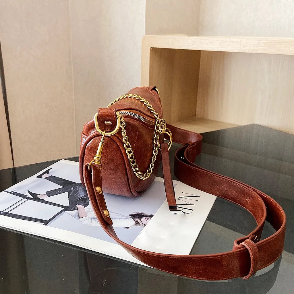 Women's Vintage Leather Chain Crossbody Belt Bag | Boho Half Moon Shoulder Bag in Brown & Green