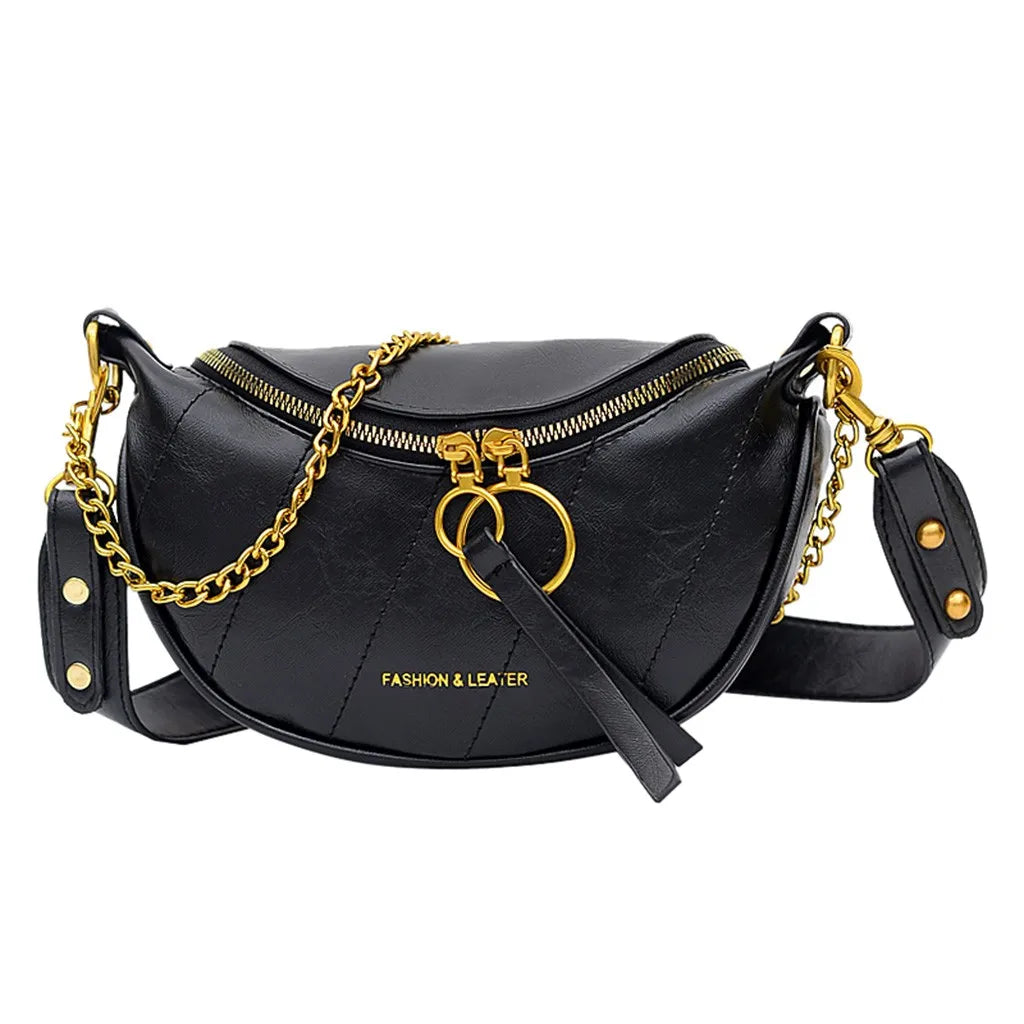 Women's Vintage Leather Chain Crossbody Belt Bag | Boho Half Moon Shoulder Bag in Brown & Green