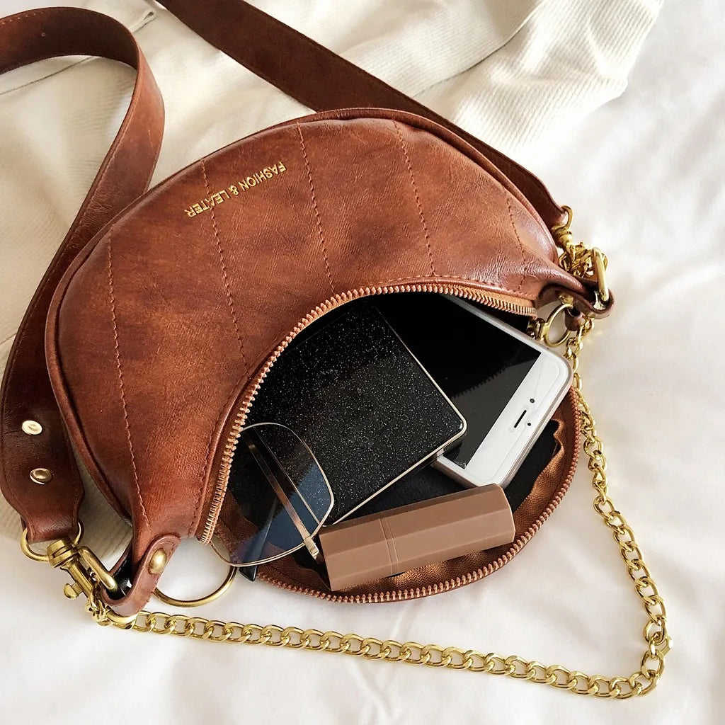 Women's Vintage Leather Chain Crossbody Belt Bag | Boho Half Moon Shoulder Bag in Brown & Green